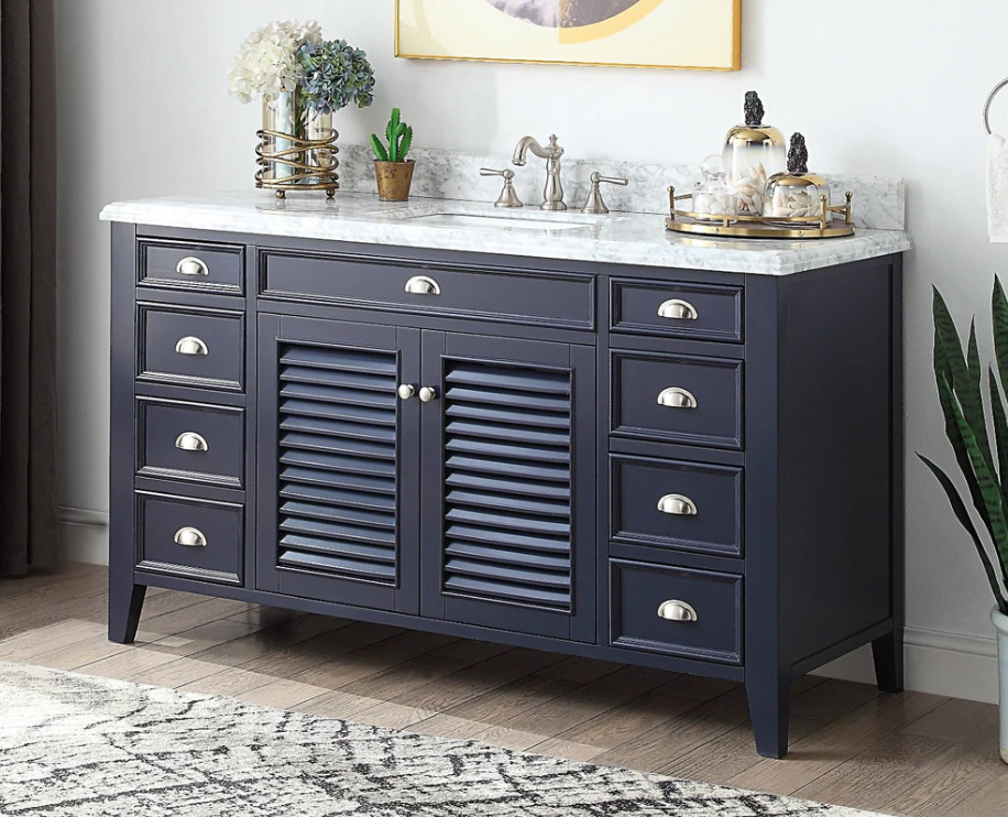 Adelina 60 inch Cottage Navy Blue Finish Bathroom Vanity, Italian Carrara Marble Top